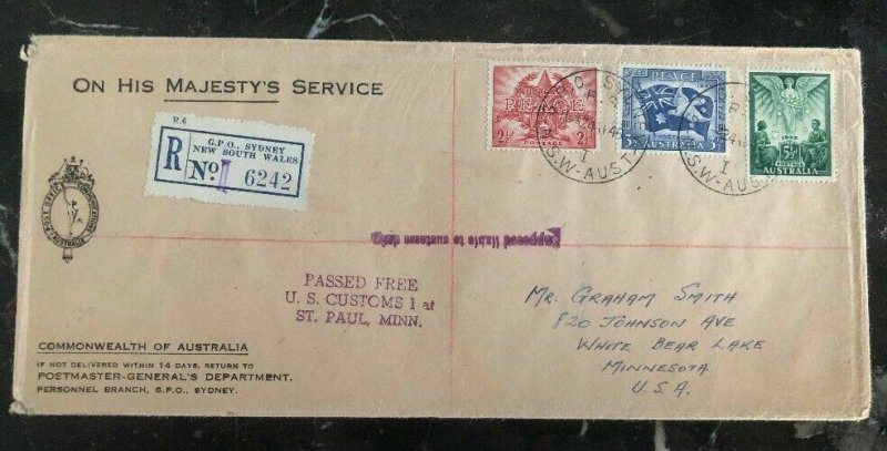 1946 Sydney Australia On Her Majesty Service cover OHMS To St Paul MNUSA