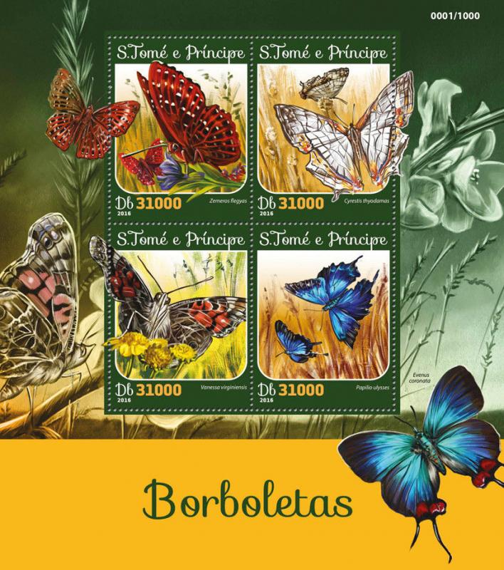 Sao Tome & Principe 2016 MNH Butterflies Butterfly 4v M/S Insects Stamps