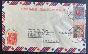 1947 Shanghai China First flight Airmail Cover FFC To Birmingham England