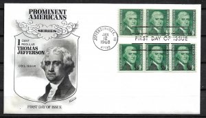 1968 #1299 1¢ Jefferson coil (2) strips of 3 FDC