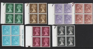 GB 1971 Machin FCP/PVA ½p 1p 1½p 2p 4p 5p um blks of 4 c£76+