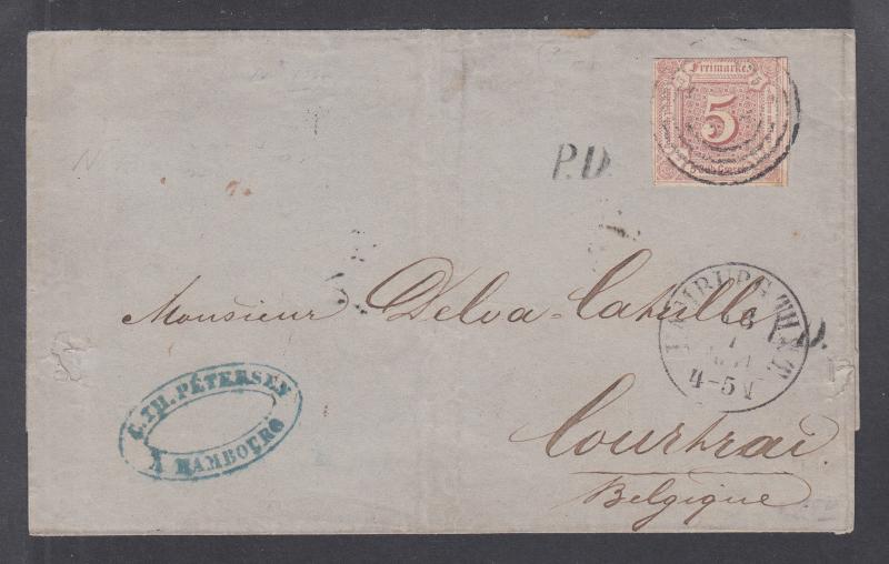 Thurn & Taxis Sc 13 on 1861 cover to Belgium, Hamburg Railway cancel