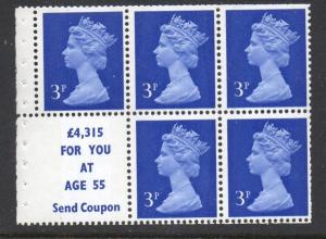 Great Britain Sc MH36b 1973  3 d Machin stamp booklet pane mint NH