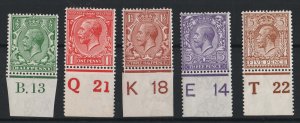 GB 1912 ½d B.13, 1d Q21(P), 1½d K18, 3d E14(P), 5d T22(P) control singles fine