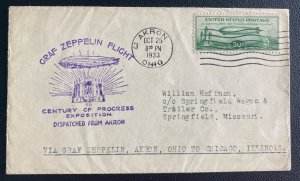 1933 Akron OH USA Graf Zeppelin Century Of Progress cover #C18 To Springfield