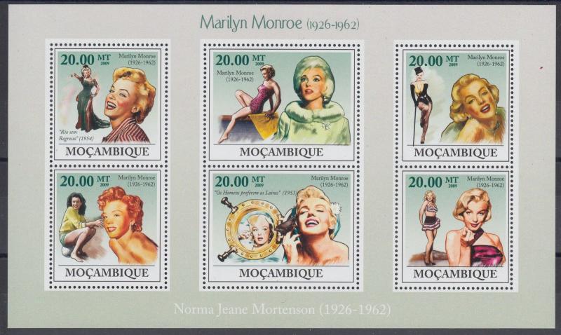 XG-AF140 MOZAMBIQUE IND - Marilyn Monroe, 2009 Cinema, 6 Values MNH Sheet