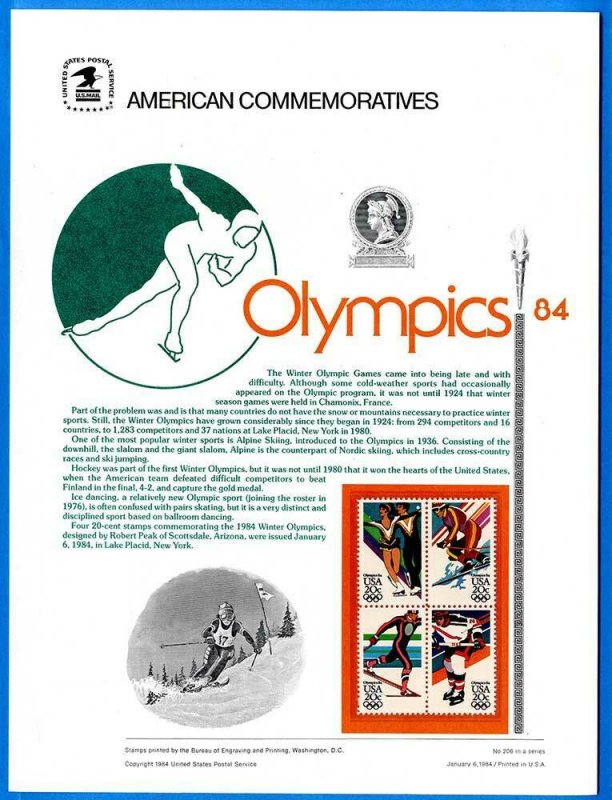 USPS COMMEMORATIVE PANEL #206 WINTER OLYMPICS #2067-70