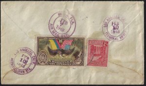 ECUADOR 1948 US SESQUICENTENNIAL STAMP TIED AIR MAIL COVER GUAYAQUIL TO LOS ANGL