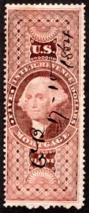 R91c, $5, Mortgage, Perf, Red, USA Revenue Stamp