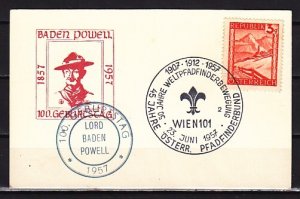 Austria, 1957 issue. 50th Anniv. of Pathfinders-Scouts cachet & cancel on Card.^