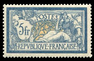 France, 1900-1950 #130 (YT 123) Cat€325, 1900-29 5fr dark blue and buff, ne...