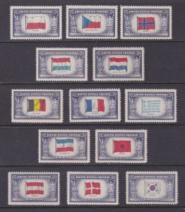 US 909-21 MNH OG 1943 Overrun Countries Complete Set of 13 Very Fine