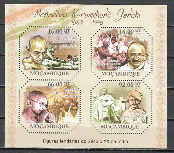 Mozambique, 2011 issue. Mahatma Gandhi on a sheet of 4.