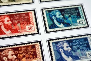 COLOR PRINTED FRENCH EQT. AFRICA 1936-1958 STAMP ALBUM PAGES (30 illustr. pages)