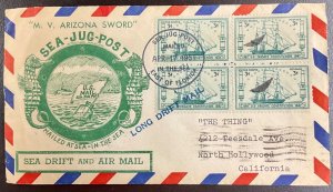 1951 Sea Jug Post off Miami  “M. V. Arizona Sword” with Private Stamp on back