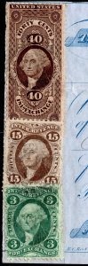 1866 Foreign Exchange Note  with 3c green SCR16c, 15c brn SCR39, 40c brn SCR53c