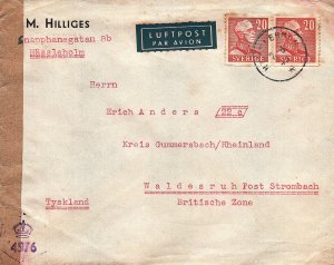 1948 Sweden Hässleholm air mail censored to Waldesruh Germany British Zone