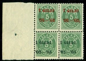 ICELAND #45v/52v (51v4) 5aur I GILDI Blk of 4, RED & BLACK ovpt, Gronlund cert