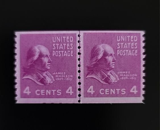 1939 4c James Madison, 4th U.S. President, Coil Pair Scott 843 Mint F/VF LH