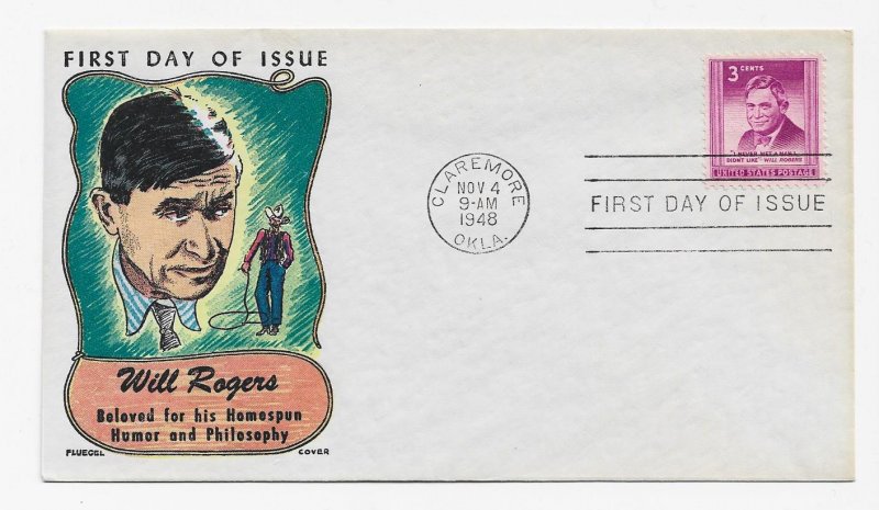 US 975 (Me-21) 3c Will Rogers single FDC Fluegel Multi-Color Cachet ECV $60.00