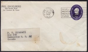 USA - 1956  - 3c PS envelope - used to Canada - slogan cancel