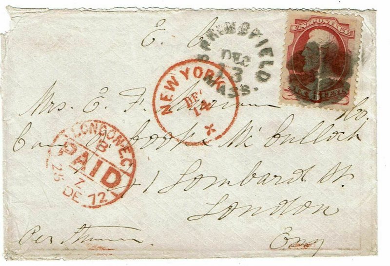 1872 Springfield, MA cancel on cover to England, DEC 25 cancel, 6c Banknote