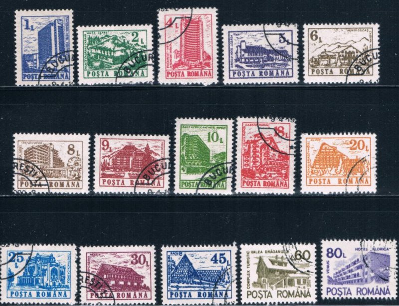 Romania 3664-78 Used set Hotels Lodges and Resorts 15 stamps Nice group