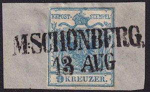 Austria - 1850 - Scott #5 - used on piece - Type I - M. SCHÖNBERG pmk Czech Rep.