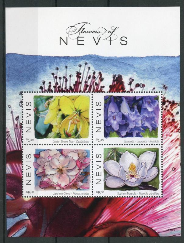 Nevis 2017 MNH Flowers Flowering Trees Jacaranda Magnolia 4v M/S II Stamps