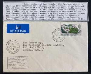 1971 Port Stanley Falkland Islands Airmail Cover  To London England RMS Darwin