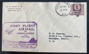 1930 St Thomas Virgin Islands First Flight Airmail Cover FFC To Maranhao Brazil