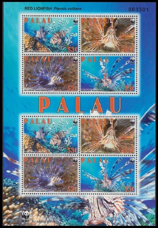 Palau WWF Red Lionfish Sheetlet of 2 sets MI#2902-2905 SC#992