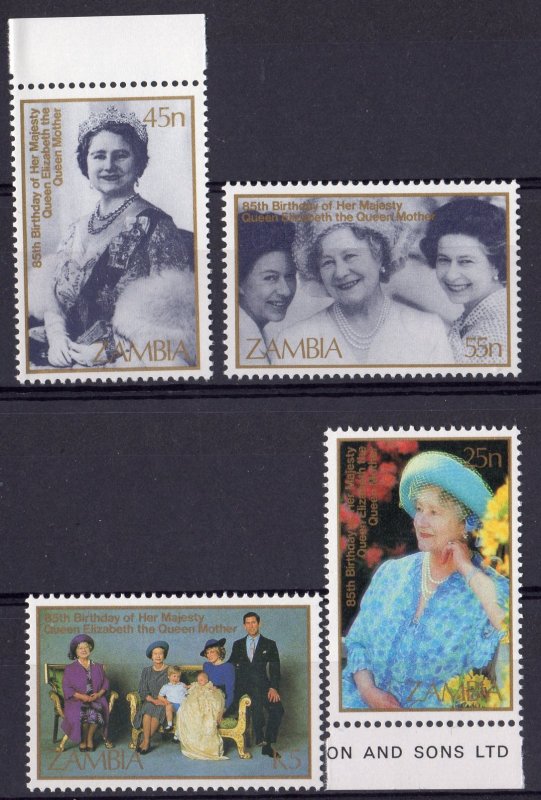 Zambia 1985 Sc#327/330 QUEEN MOTHER-QUEEN ELIZABETH -CHARLES & DIANA Set (4) MNH