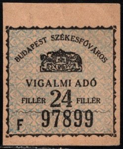 Vintage Hungary Revenue 24 Filler Budapest Local Entertainment Tax Stamps