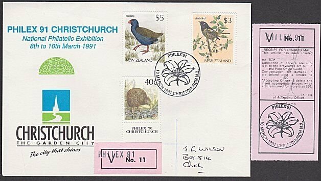 NEW ZEALAND 1991 $3 & $5 Birds on insured Philex'91 commem cover............L371