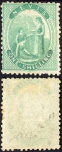 Nevis SG4 1/- Green on Greyish paper regummed and a split top right Cat 350 pou