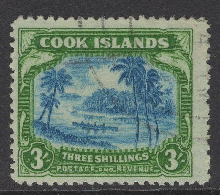 COOK ISLANDS SG145(CW17a) 1945 3/= GREENISH BLUE & GREEN CENTRE DOUBLED USED