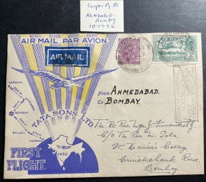 1932 Ahmedabad India First Flight Airmail cover FFC To Bombay Tata Airways