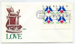 2440 Love 1990, lovebirds, Artmaster plate block, FDC