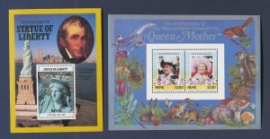 NEVIS  - Scott 432 & 518 - MNH S/S - Queen Mother, Statue of Liberty - 1985-1986