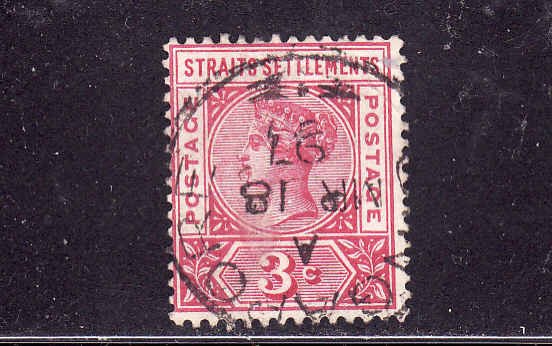 Straits Settlements-Sc #84-used-3c car rose QV-dated Mar 18