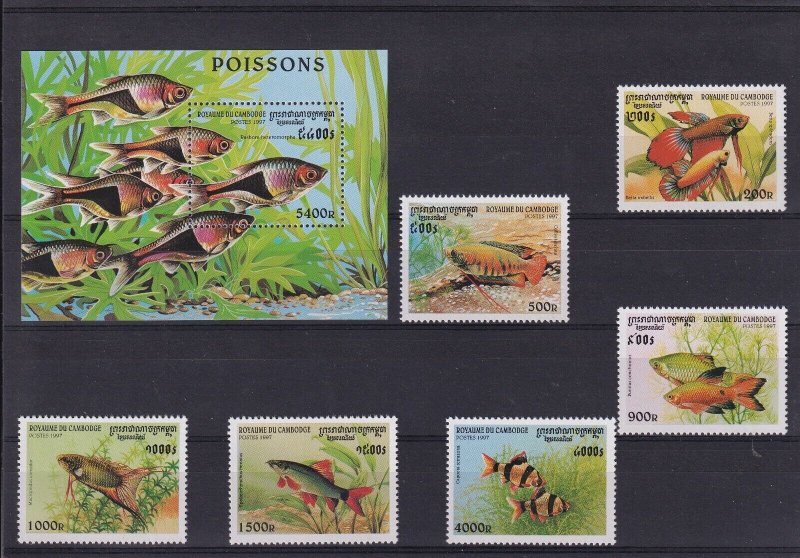 SA24c Cambodia 1997 Fishes, MNG minisheet + stamps