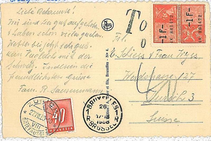 BELGIUM -  POSTAL HISTORY: postcard to Switzerland TAXED on arrival  LIONS 1938