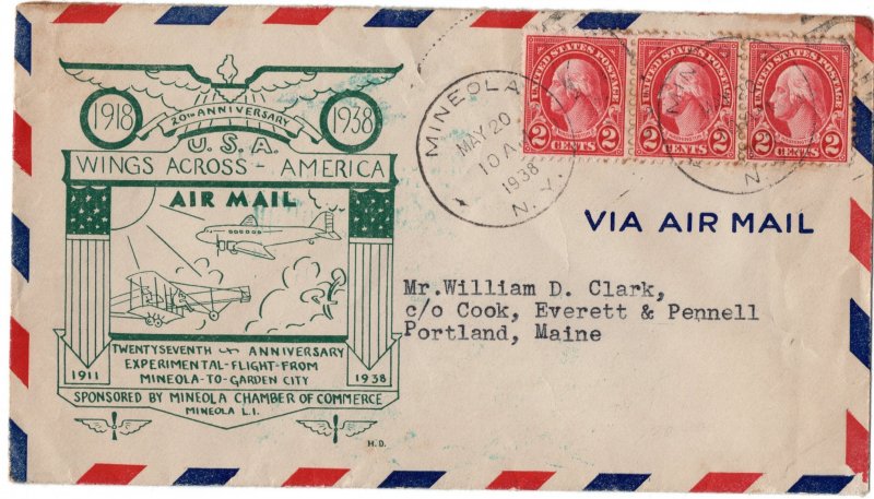 1938 Airmail Cachet Cover with (3) 1926 2c Washington SC634