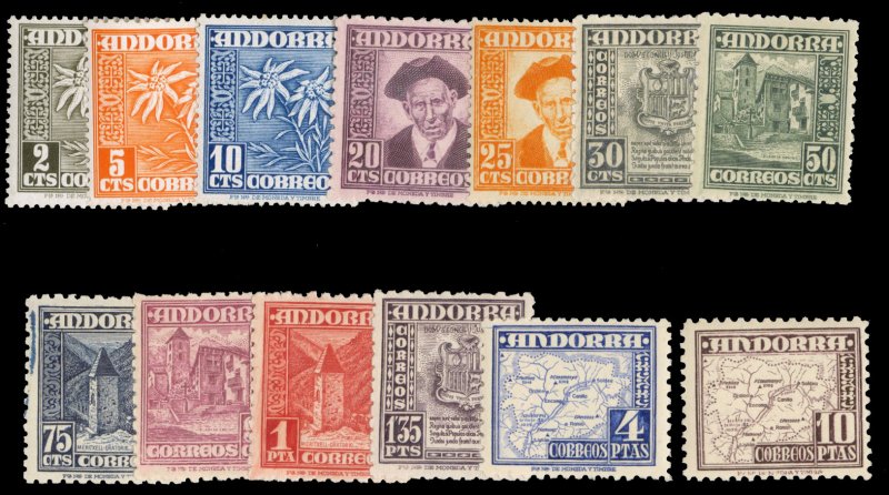 Andorra (Spanish) #37-49 Cat$120, 1948-53 2c-10p, complete set, 20c hinged, b...