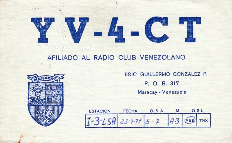 7233 Amateur Radio QSL Card  Maracay Venezuela