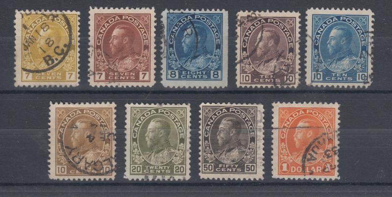 Canada Sc 113-122 used 1911-1925 KGV Admirals, run of 9 values, sound