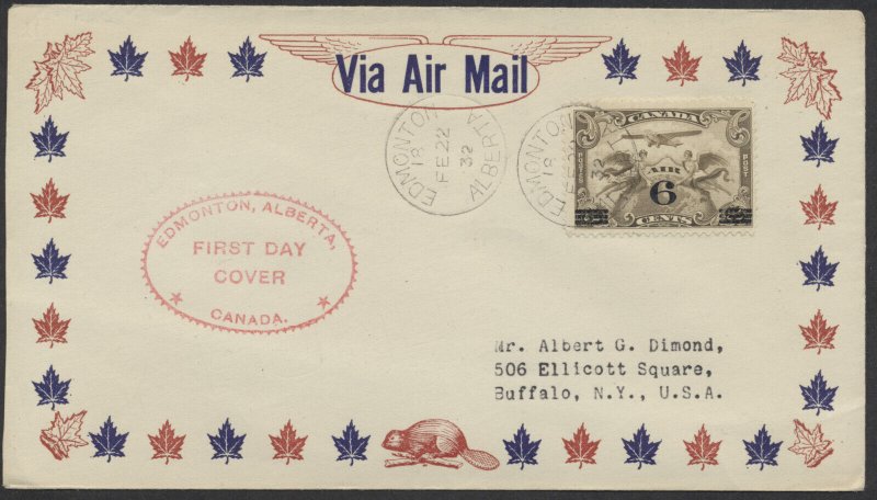 1932 #C3 6c on 5c Airmail FDC Arlidge Cachet Edmonton C of C Label On Back
