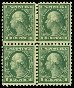 US Sc 543 F-VF/MH BLOCK of 4 - 1921 1¢ Washington Perf 10 - Bottom 2 are NH