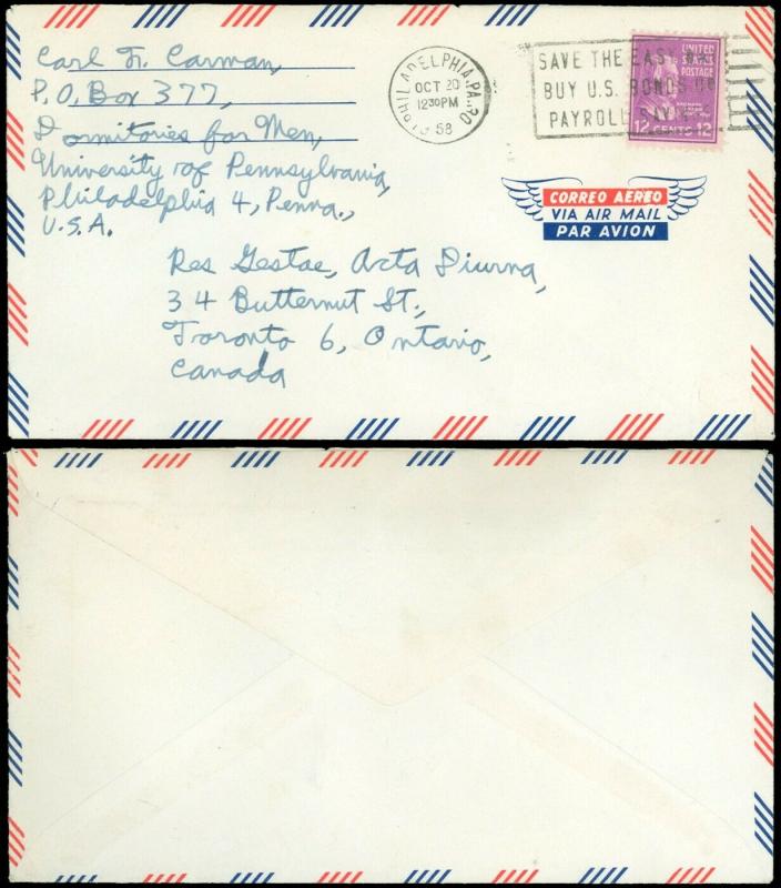 1958 Philadelphia, AIR MAIL Cover to ACTA DIURNA, TORONTO CA, Single Prexie #817